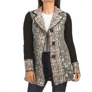 Sioni Mixed Media Coatigan Cardigan Coat Jacket Ribbed Sweater Sleeves Collar